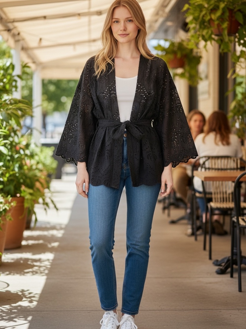 Vintage Havana Black Eyelet Kimono Cardigan Cover-Up Size M. NWT